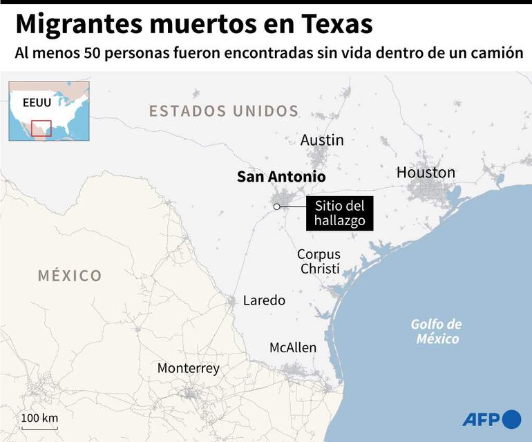 Mapa localizando San Antonio, Texas, donde se halló un camión con más de 50 migrantes muertos - AFP / AFP