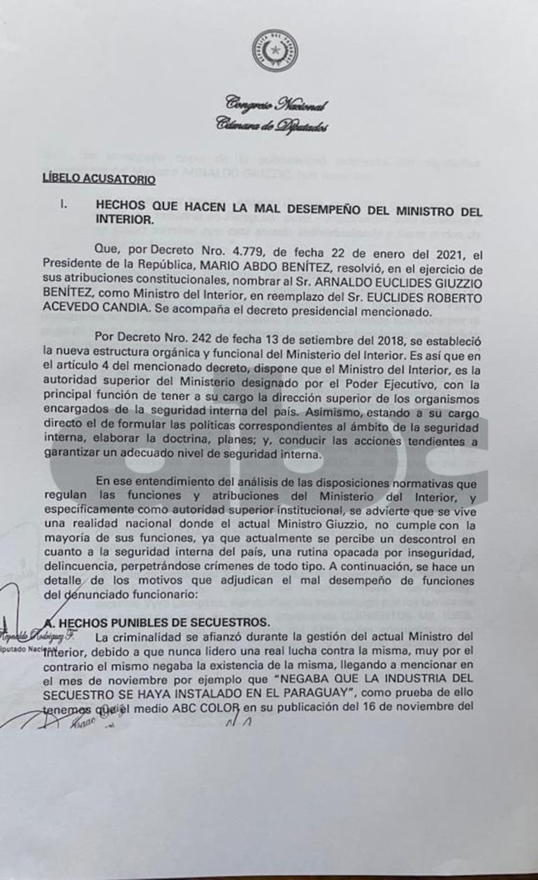 Primera página del líbelo acusatorio planteado por los diputados liberales, contra Giuzzio.