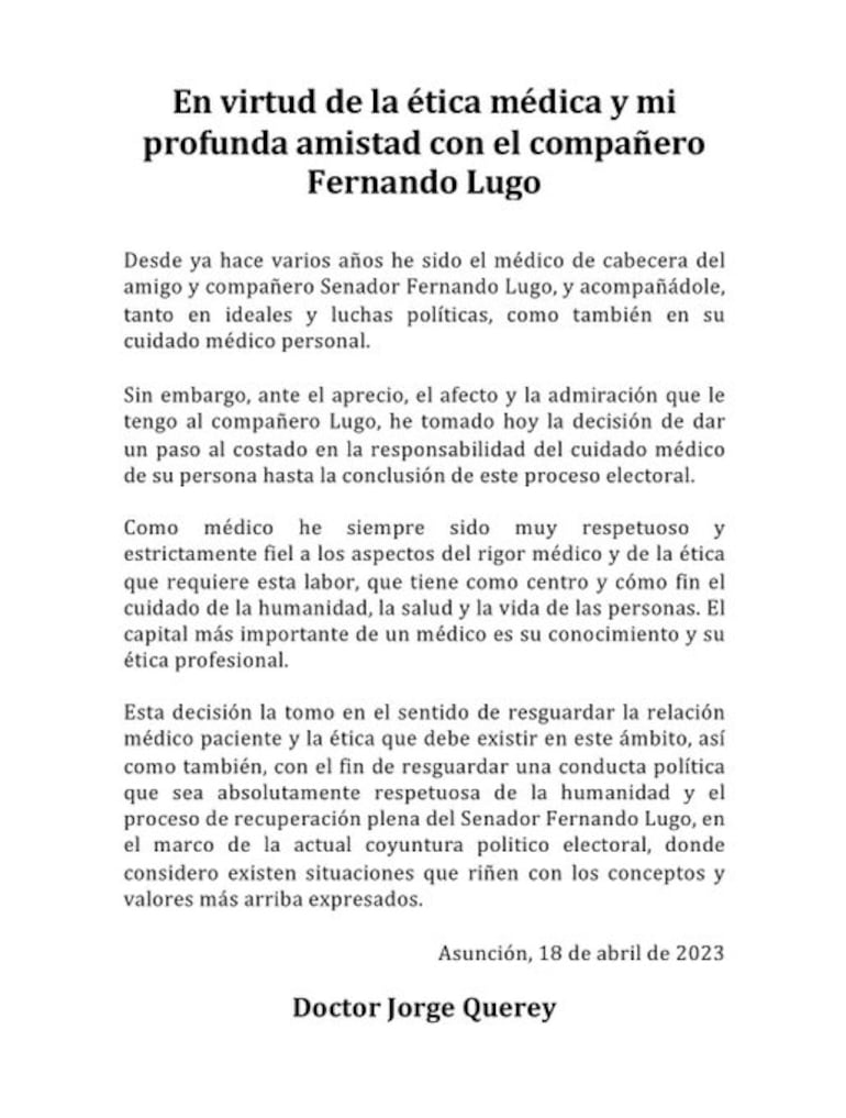 Nota presentada por Jorge Querey por la que se aparta de la atención médica de Lugo.