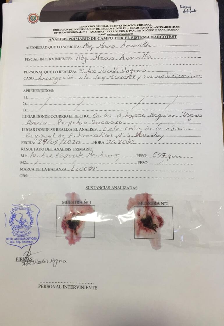 La prueba realizada al contenido de la bolsa.