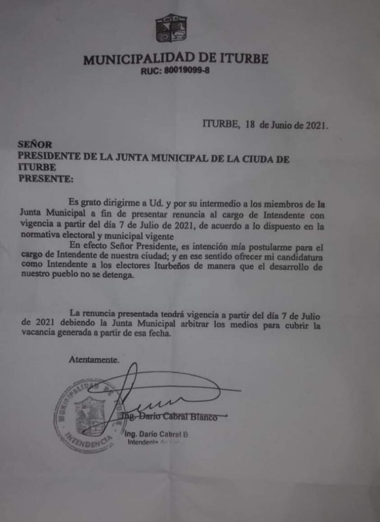 Nota de renuncia presentada por el ahora exintendente de Iturebe, Ing. Darío Cabral Blanco (PLRA).