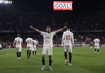 El delantero del Sevilla, Munir El Haddadi, celebra el gol del equipo andaluz ante el West Ham.