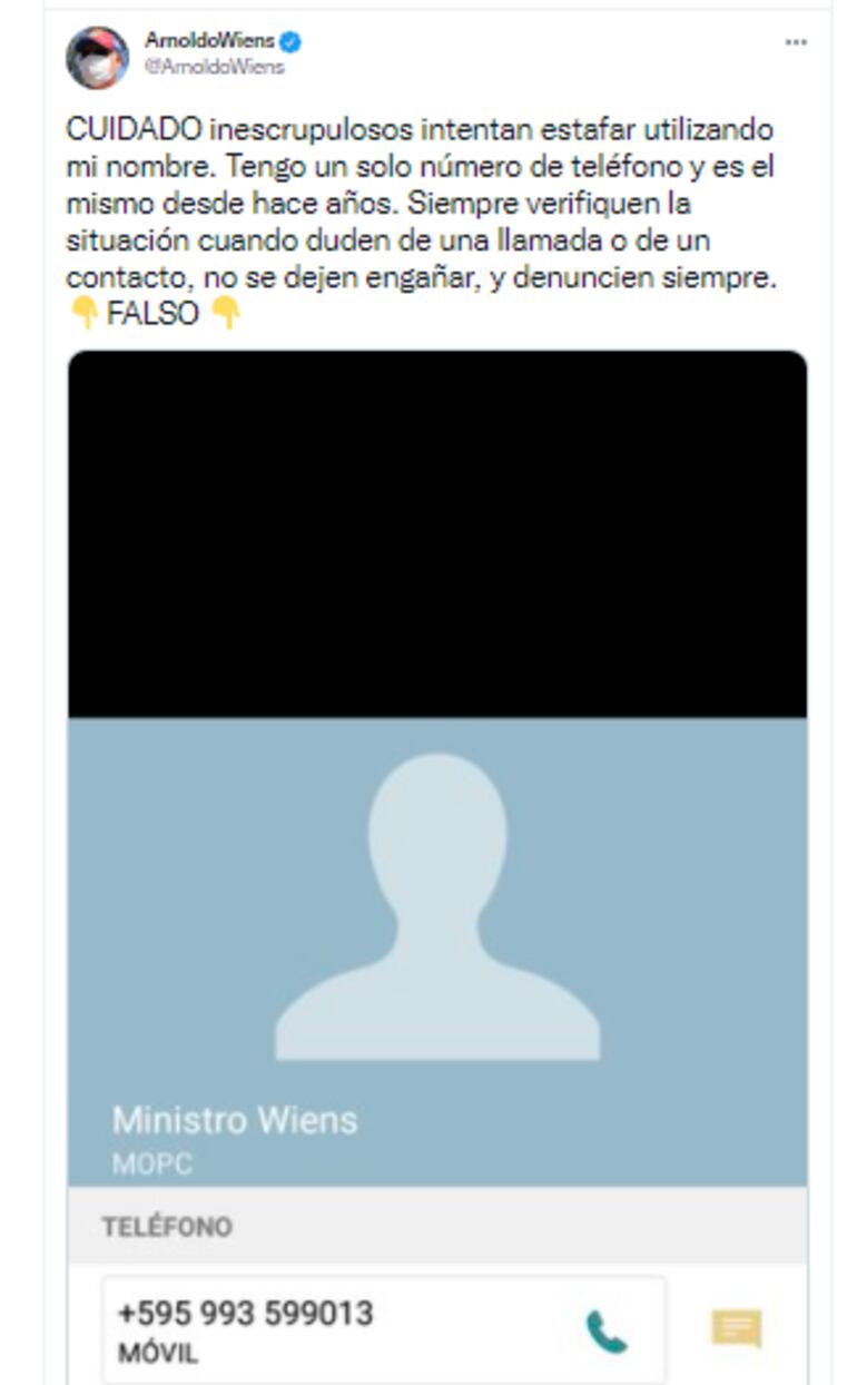 Denuncia vía Twitter del ministro del MOPC sobre el intento de estafa usándose su nombre. (captura de red social).