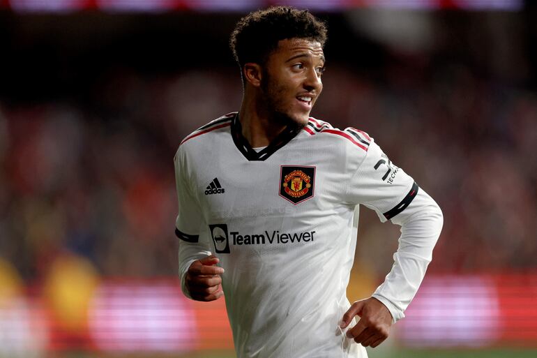 Manchester United's Jadon Sancho celebrates a goal during the pre-season football match between English Premier League teams Manchester United and Crystal Palace at the Melbourne Cricket Ground (MCG) on July 19, 2022, in Melbourne. (Photo by Martin KEEP / AFP) / -- IMAGE RESTRICTED TO EDITORIAL USE - STRICTLY NO COMMERCIAL USE --