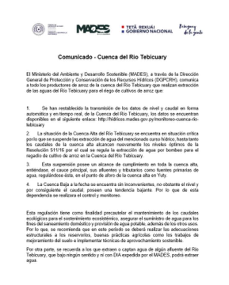 Comunicado del Mades sobre el río Tebicuary.