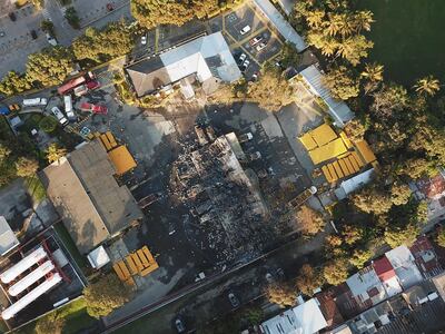 Vista aérea hoy desde un dron que muestra una planta de gas propano en el que ocurrió una explosión, en Soyapango (El Salvador).