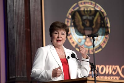 La directora gerente del Fondo Monetario Internacional (FMI), Kristalina Georgieva, pronuncia un discurso sobre las perspectivas económicas globales, hoy en la universidad de Georgetown en Washington (EE. UU). (EFE)