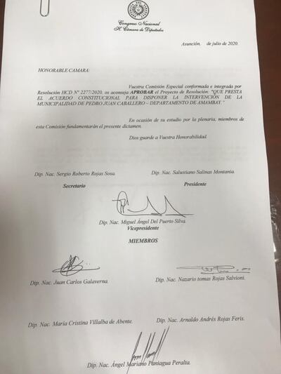 Dictamen a favor de la intervención de comuna de Pedro Juan Caballero.