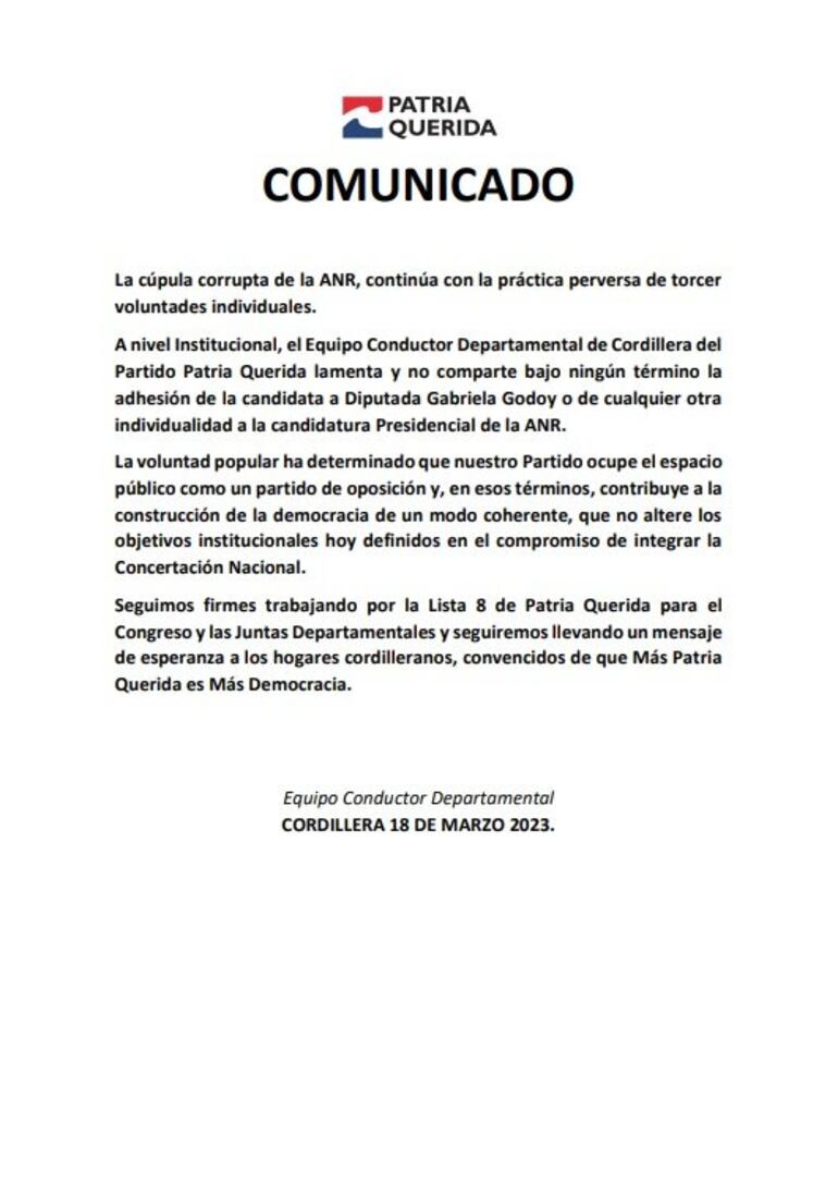 Comunicado de la dirigencia de Patria Querida.