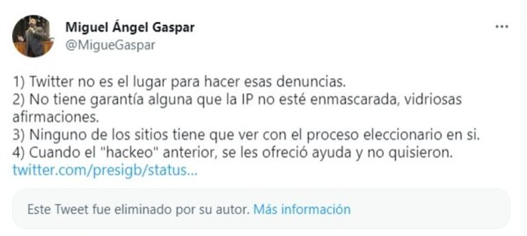 Tuit del experto en ciberseguridad Miguel Ángel Gaspar.