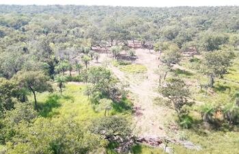 Vista aérea del área donde se instalaron los taladores. La comitiva encabezada por el ministro Ariel Oviedo halló desde campamentos con todas las comodidades hasta un miniaserradero.