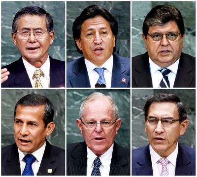 De arriba a abajo, de izquierda a derecha: Alberto Fujimori, Alejandro Toledo, Alan García, Ollanta Humala, Pedro Pablo Kuczynski, Martín Vizcarra, los últimos presidentes del Perú.