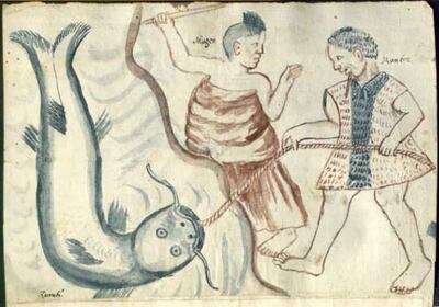 "Hombre y mujer indígena pescando un surubí", ilustración del padre José Sánchez Labrador (Revista IHS).