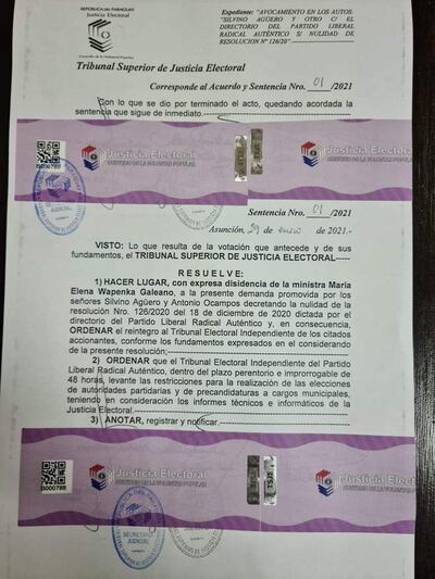Resolución final emitida por el TSJE el pasado 29 de enero sobre las elecciones internas partidarias del PLRA.