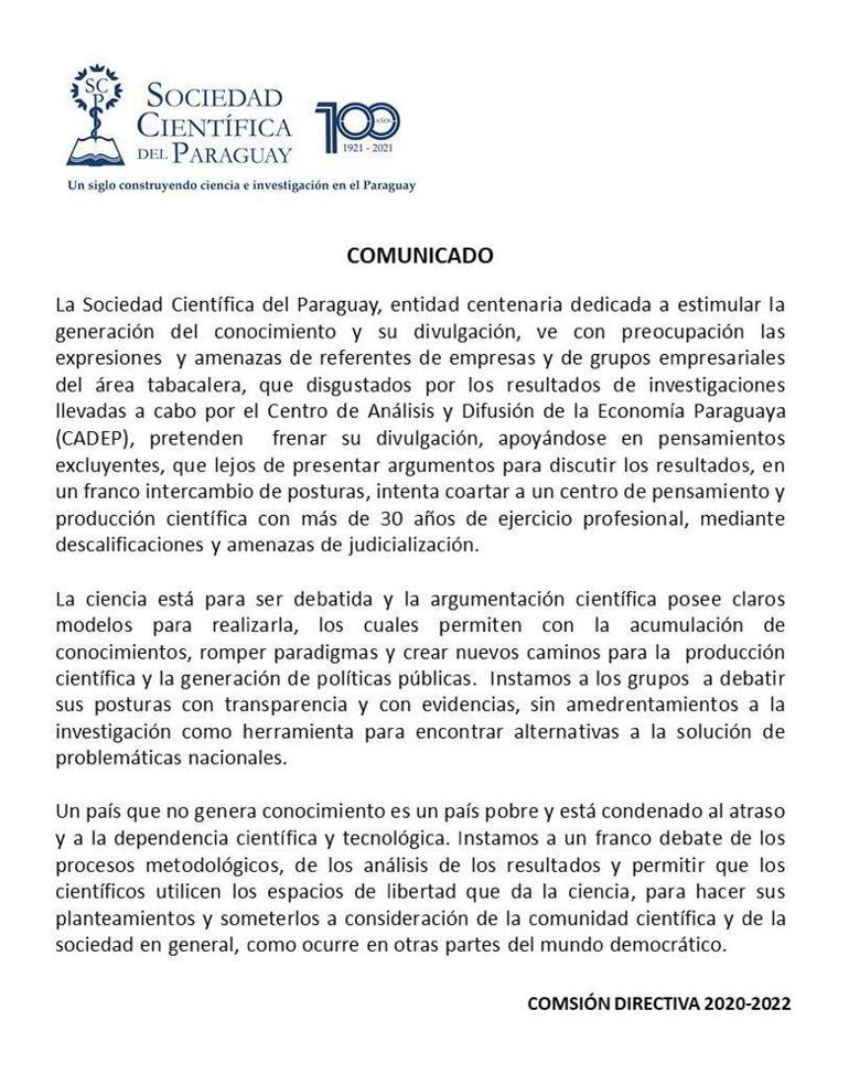 Comunicado de la Sociedad Científica del Paraguay.