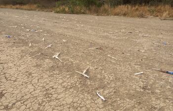 Parte de los residuos hospitalarios esparcidos en el camino que conduce a Fuerte Olimpo, al caerse del camión recolector.