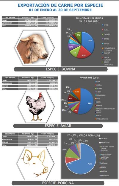 Informe mensual de la exportación de carne, del Senacsa, al cierre de setiembre.
