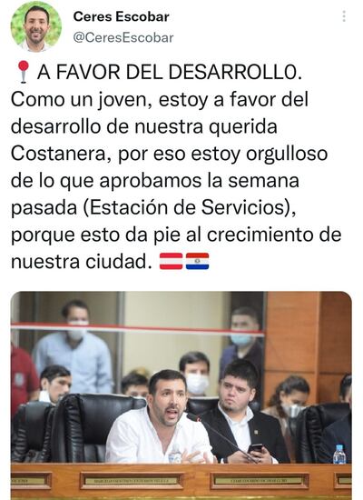 El concejal César Escobar admitió estar "orgulloso" porque la Junta otorgó el uso del terreno para la construcción de una gasolinera en Costanera.