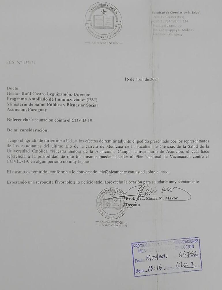 Primera nota enviada al Director del Programa Ampliado de Inmunizaciones (PAI), Héctor Raúl Castro, solicitando la posibilidad de inclusión al "Plan Nacional de Vacunación" de parte de la decana de la Facultad de Ciencias de la Salud, la Dra. María Mayor.