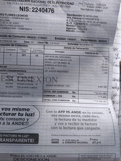 Una de las tantas facturas con montos muy por encima de lo que habitualmente suelen pagar los usuarios de la ANDE en Caraguatay.