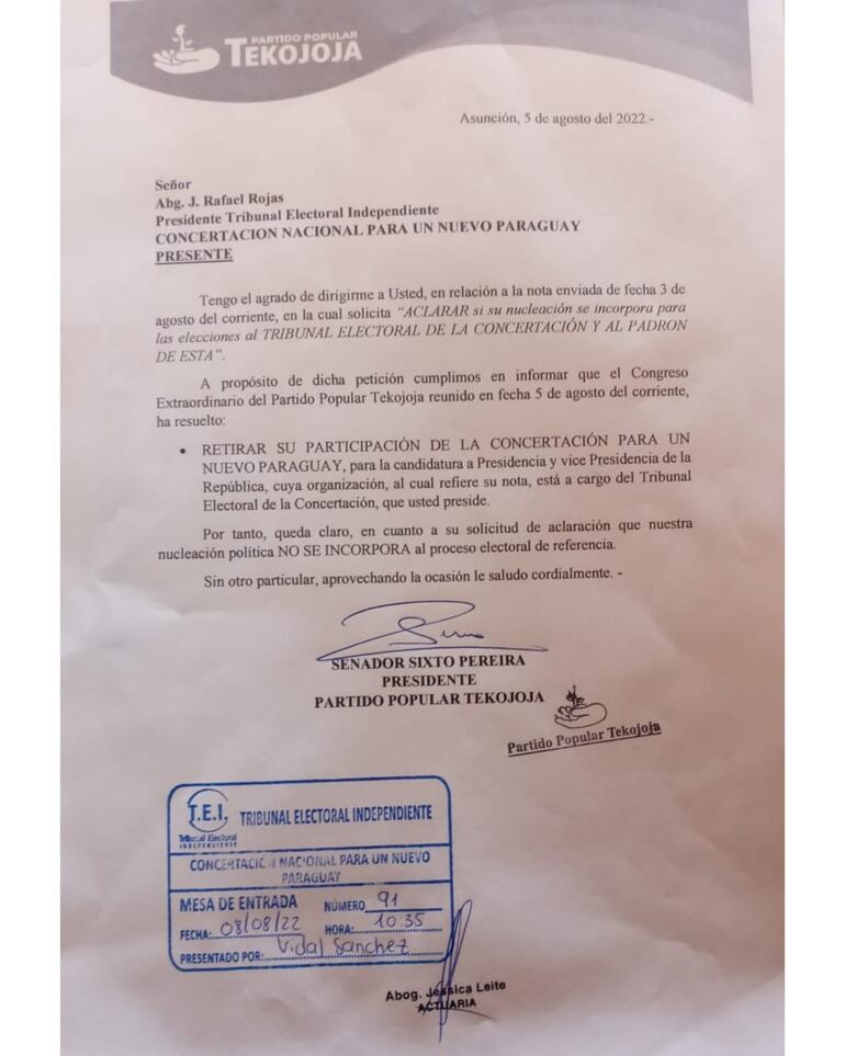Comunicación de retiro de Tekojoja de la Concertación Nacional.