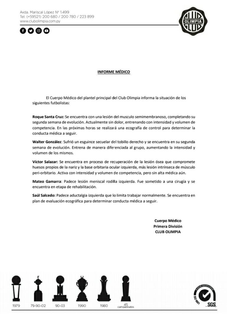 El informe del departamento médico de Olimpia