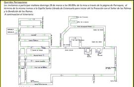Croquis publicado en la página de la parroquia Virgen de la Candelaria de Areguá. El párroco recorrerá los distintos barrios para la bendición de las palmas a partir de las 07:00