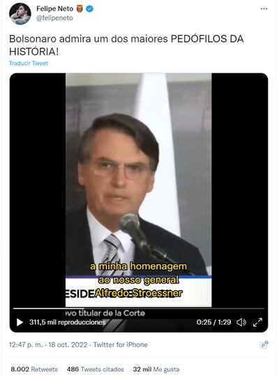 Tweet de Felipe Neto donde critica a Jair Bolsonaro por alabar a Alfredo Stroessner el mayor pedófilo de la historia según el influencer