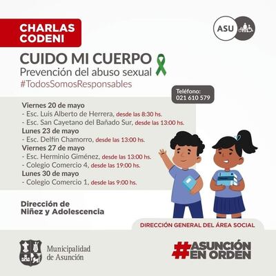 Flyer de la Municipalidad de Asunción sobre las charlas previstas contra el abuso sexual infantil.