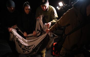 Varias personas cargan con el cuerpo sin vida de un perro en el lugar de un ataque con misiles al centro de Kiev (Ucrania), este jueves. Al menos dos misiles han caído en la calle Tatarskaya de Kiev, en el distrito de Shevchenkivskyi. Según han dicho a Efe testigos presenciales, una de ellas ha impactado en un edificio residencial. En ese edificio vive junto a su abuela y sus dos hijos una joven llamada Marina Zdanovich, de 31 años, que ha dicho a Efe que según sus vecinos la casa ha quedado dañada. Su abuela, que estaba en el interior, ha resultado herida leve, según ha explicado a Efe. El otro misil ha caído sobre una empresa llamada Artem, a la que al parecer iba dirigido el ataque, por tratarse de una fábrica de misiles. EFE/ Miguel Gutiérrez