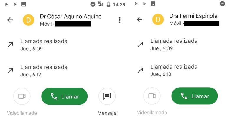 Registros de llamadas presentados por compañeros de Gabriela Yaffar.