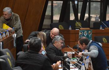 Los diputados Jorge Ávalos Mariño (PLRA) y Eusebio Alvarenga (PLRA) conversan en la sala de sesiones de Diputados.