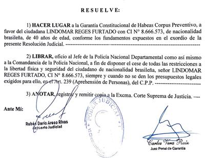 HABEAS CORPUS PREVENTIVO BRINDADO A SUPUESTO NARCO LINDOMAR REGES FURTADO
