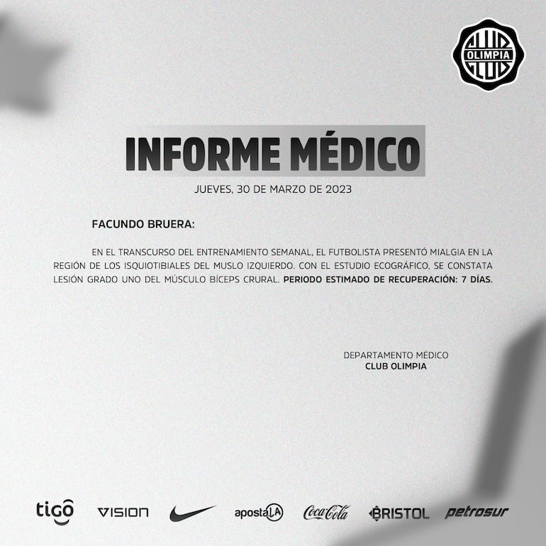 El informe médico de Olimpia sobre la lesión de Facundo Bruera.