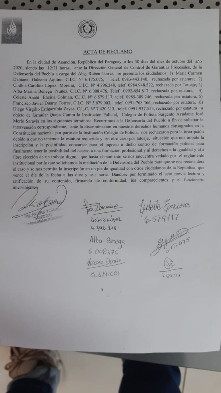 Esta es la nota que presentaron los estudiantes ante la Defensoría del pueblo.