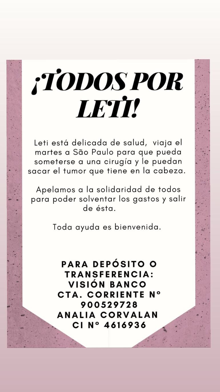 Estos son los datos para efectivizar la ayuda para Leticia Corvalán Duarte.