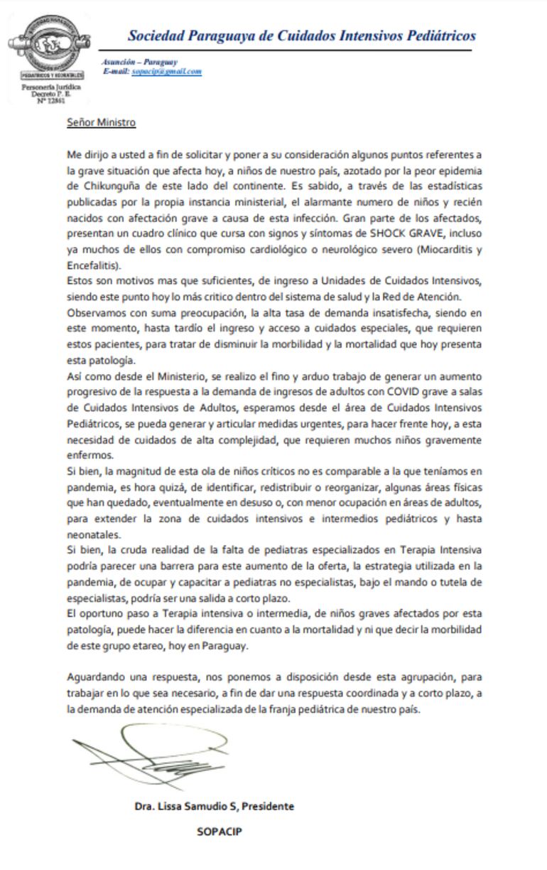 Nota al ministro de Salud, Julio Borba, atendiendo los casos graves de chikunguña que se presentan en niños.
