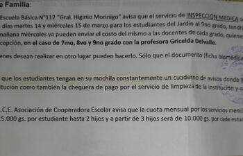 Nota dirigida a padres de alumnos de la escuela “Gral. Morínigo” donde se comunica de los pagos y aportes que se deben realizar para limpiadora e inspección médica.