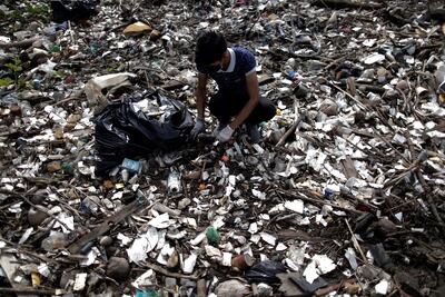 Un voluntario recoge basura durante una jornada de limpieza de playas, en Ciudad de Panamá (Panamá).
