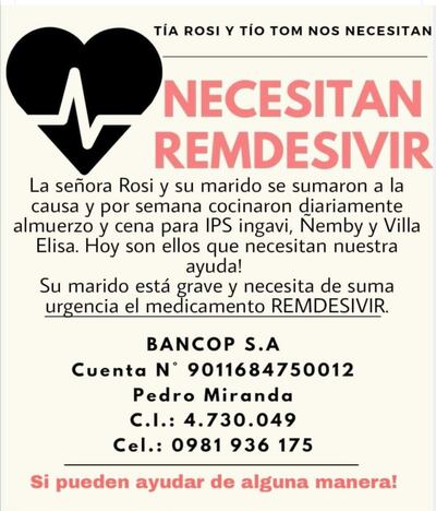 El matrimonio de Rosa y Domingo Tomás Miranda necesita Remdesivir con  suma urgencia.