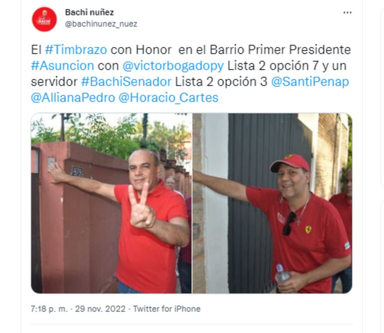Tuit de Bachi Núñez mostrando como buscan votos tocando el timbre de las casas. (Fuente Twitter).