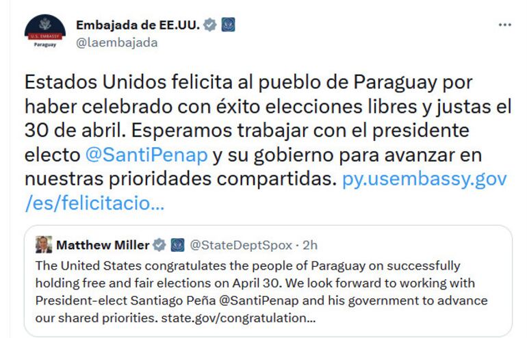 Mensaje del gobierno de los Estados Unidos y replicado por su Embajada en Asunción.