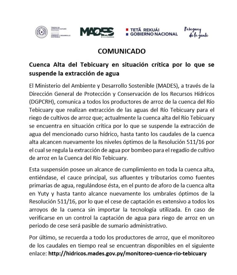 Medida adoptada por el Ministerio del Ambiente, debido a situación crítica del río Tebicuary.