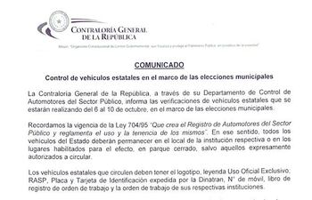 Nota de la Contraloría donde recuerda la disposición que obliga a vehículos estatales a emtrar en "parque cerrado" antes y el día de las elecciones.