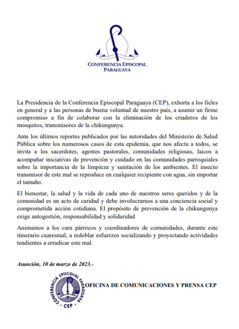 Comunicado de la Conferencia Episcopal Paraguaya (CEP).
