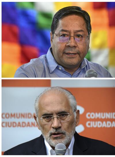 En la foto de arriba Luis Arce, candidato de Evo Morales; debajo, Carlos Mesa.