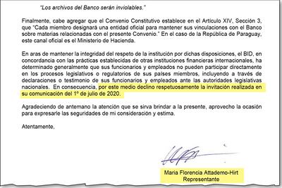 Parte de la nota, con fecha del 3 de julio, en la cual la representante del BID en Paraguay, María Florencia Attademo-Hirt, se negó a cooperar con Comisión Bicameral.