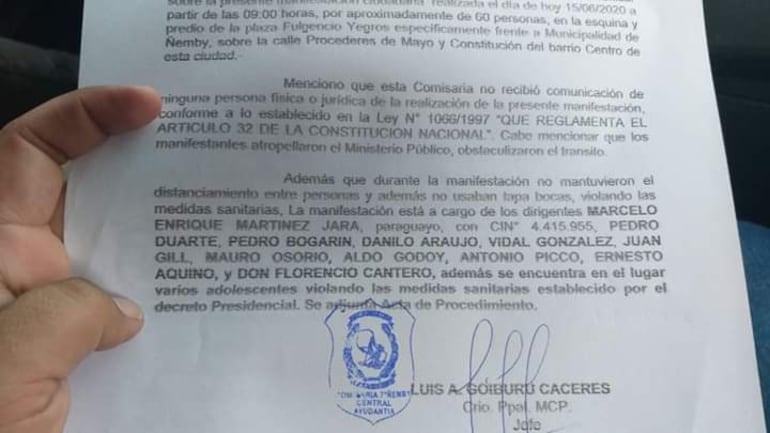 El informe presentado por la comisaría séptima de Ñemby contra los dirigentes que realizan las sucesivas manifestaciones contra la familia Lanzoni en Ñemby.