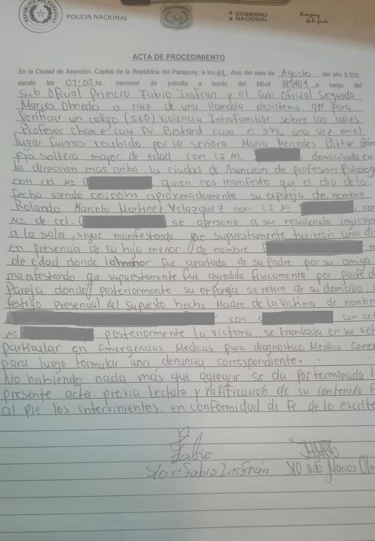 El acta de procedimiento referente a la acusación contra el sobrino de Hugo Velázquez.