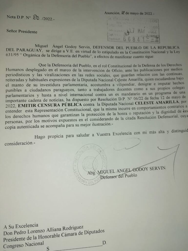El defensor del Pueblo, Miguel Godoy emitió "censura pública" contra la diputada Celeste Amarilla.